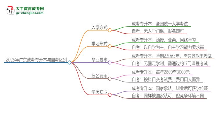 2025年廣東成考專升本和自考有什么區(qū)別？思維導(dǎo)圖