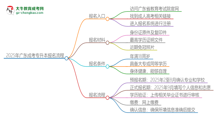 2025年廣東成考專升本怎么報名？報名流程是？思維導圖