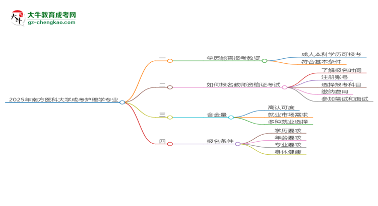 2025年南方醫(yī)科大學(xué)成考護(hù)理學(xué)專業(yè)學(xué)歷能報(bào)考教資嗎？思維導(dǎo)圖