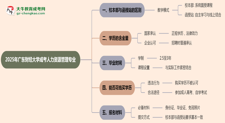 廣東財經(jīng)大學(xué)2025年成考人力資源管理專業(yè)校本部和函授站哪個更好？思維導(dǎo)圖