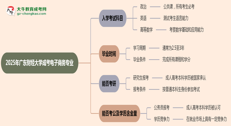 2025年廣東財經(jīng)大學成考電子商務專業(yè)入學考試科目有哪些？思維導圖