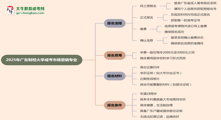 廣東財經(jīng)大學成考市場營銷專業(yè)2025年報名流程思維導圖