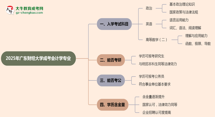 2025年廣東財經(jīng)大學(xué)成考會計學(xué)專業(yè)入學(xué)考試科目有哪些？思維導(dǎo)圖