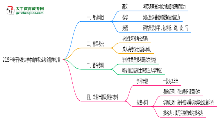 2025年電子科技大學(xué)中山學(xué)院成考金融學(xué)專業(yè)入學(xué)考試科目有哪些？思維導(dǎo)圖