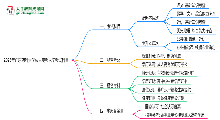 2025年廣東藥科大學(xué)成人高考入學(xué)考試科目有哪些？思維導(dǎo)圖