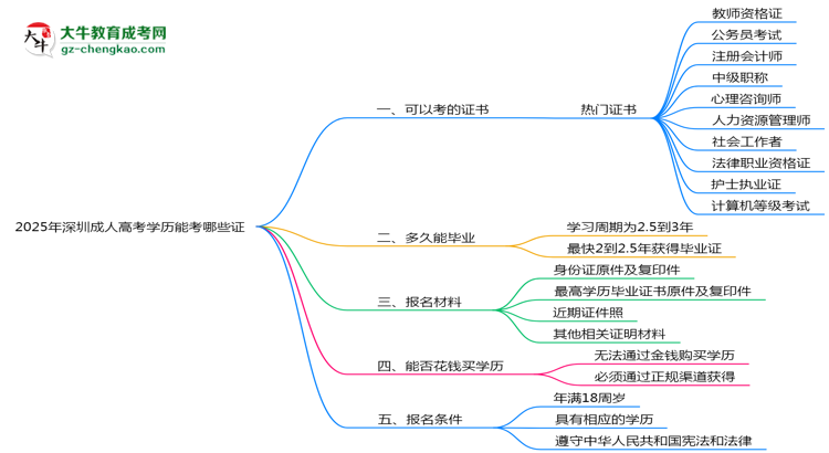 2025年深圳成人高考學(xué)歷能考哪些證？十大熱門證書盤點(diǎn)思維導(dǎo)圖