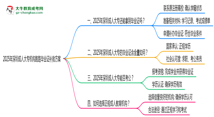 2025年深圳成人大專(zhuān)機(jī)構(gòu)跑路畢業(yè)證補(bǔ)救方案思維導(dǎo)圖
